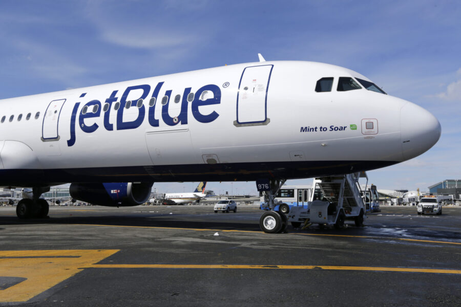 FILE - A JetBlue airplane is shown at John F. Kennedy International Airport in New York, March 16, ...