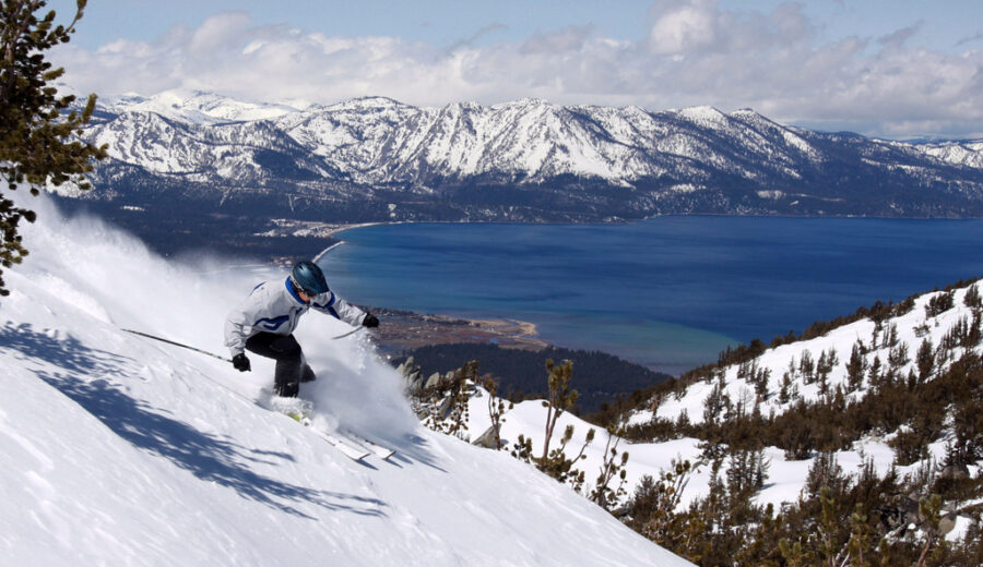 FILE — A skier kicks up some powder at Heavenly Ski Resort, in South Lake Tahoe, Calif., April 14...