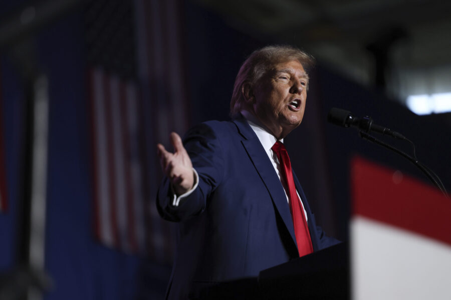 FILE - Former President Donald Trump speaks at a campaign rally Saturday Dec. 16, 2023, in Durham, ...