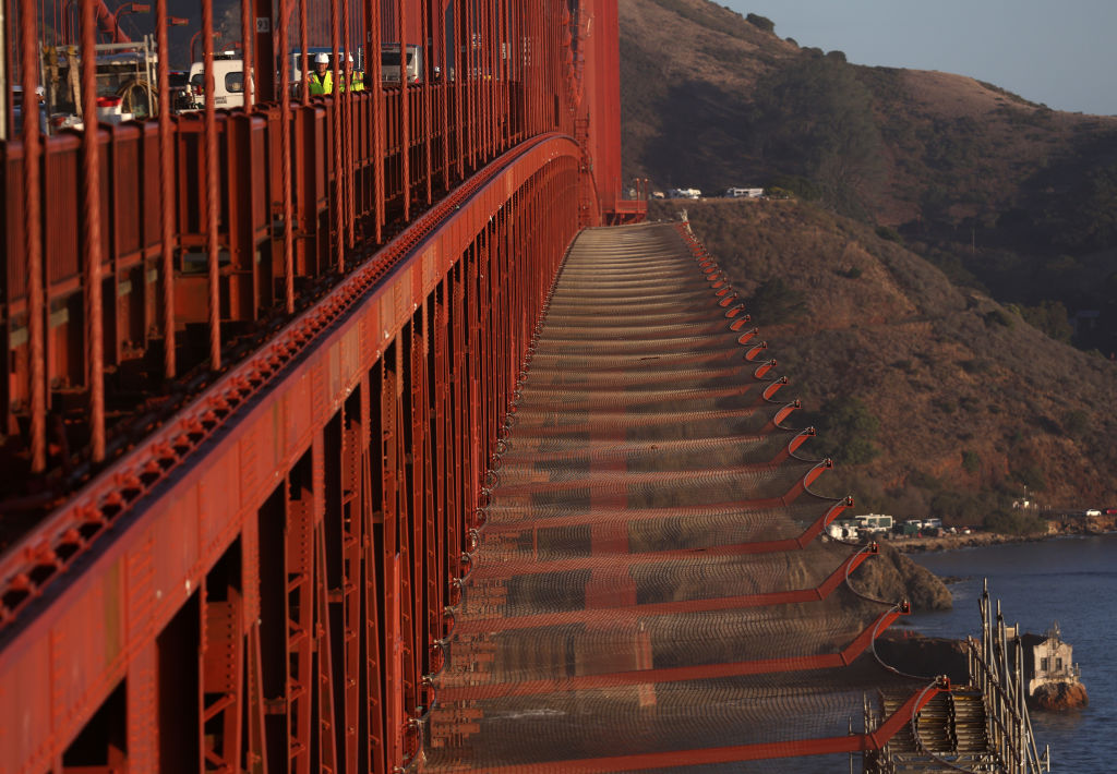 A view of the newly installed suicide prevention barrier on the Golden Gate Bridge on November 07, ...