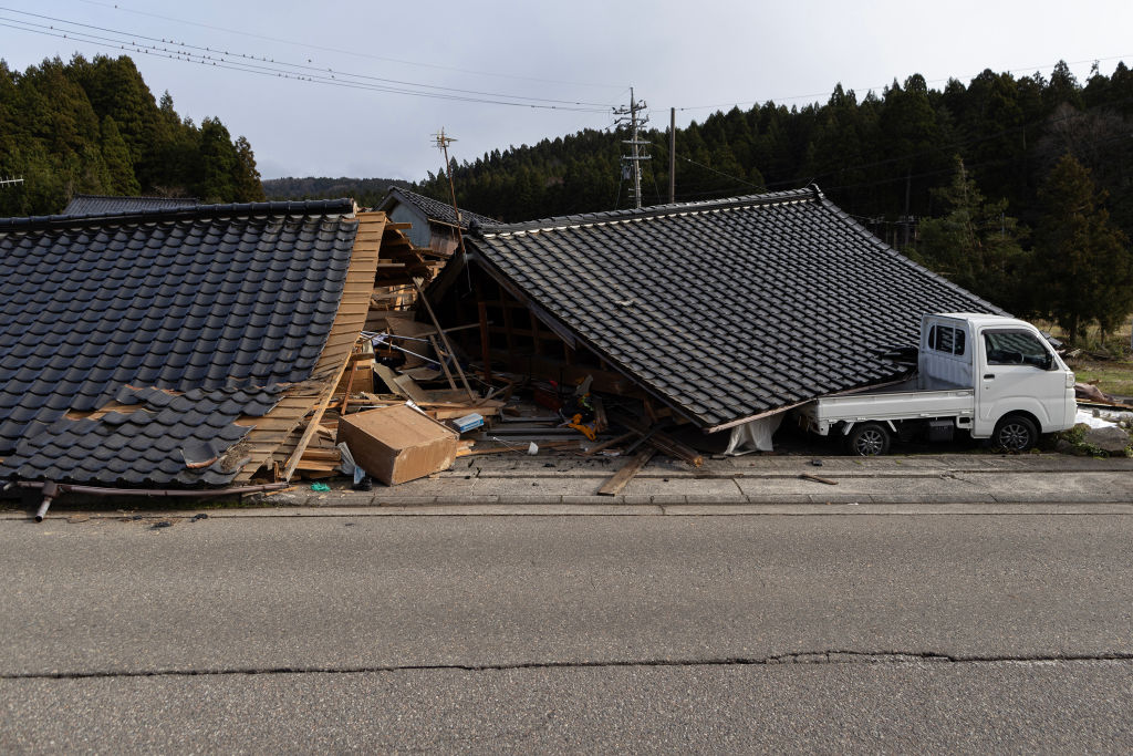 WAJIMA, JAPAN - JANUARY 02: Houses damaged by the earthquake are seen on January 02, 2024 in Wajima...