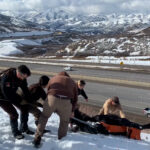 UHP and DWR assets work to relocate Moose near Interstate 80.  (Utah DWR) 
