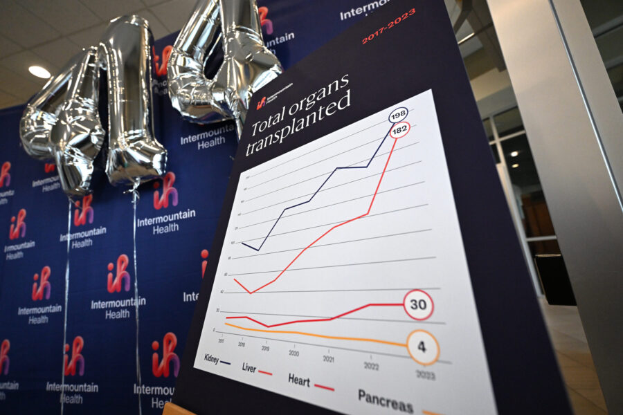 Signage on display as the Intermountain Health Transplant Program celebrates its achievement of 414...