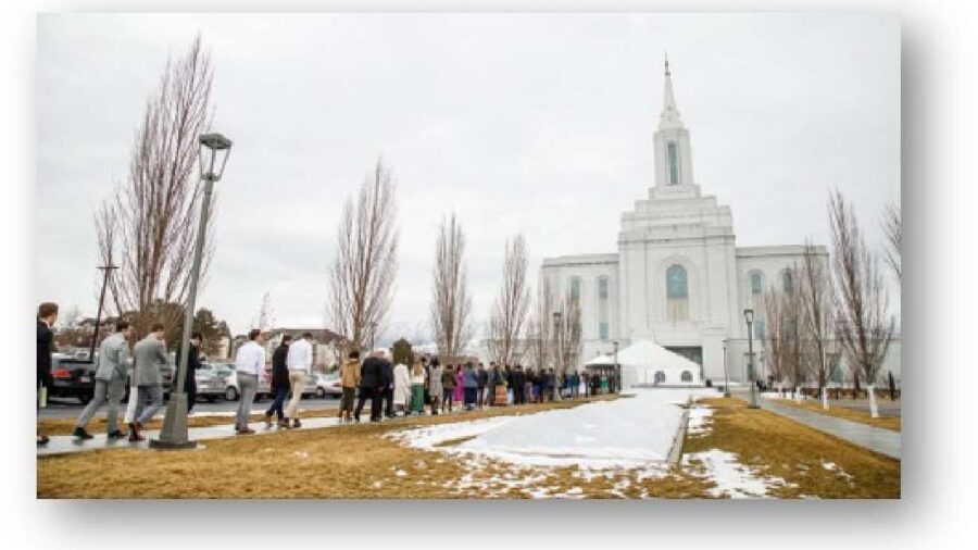 Members of The Church of Jesus Christ of Latter-day Saints line up to attend a session of the dedic...