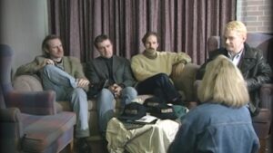 Kenneth Branagh (right) speaking with other filmmakers and to KSL TV.