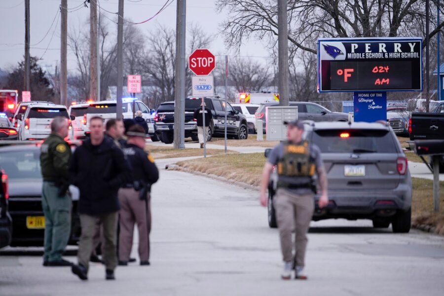 Police respond to a shooting at Perry High School in Perry, Iowa, on Thursday.
Mandatory Credit:	An...
