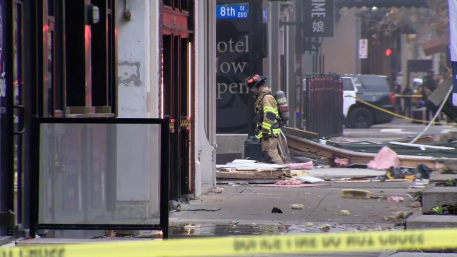 First responders are seen at the site of an explosion in downtown Fort Worth, Texas. (KTVT)...