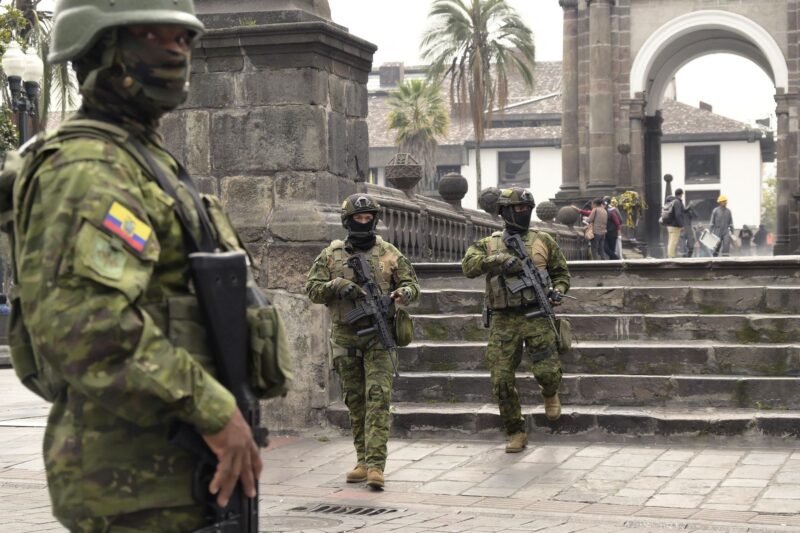Soldiers are deployed in downtown Quito on January 9, a day after Ecuadorean President Daniel Noboa declared a state of emergency. (Rodrigo Buend, Getty Images)