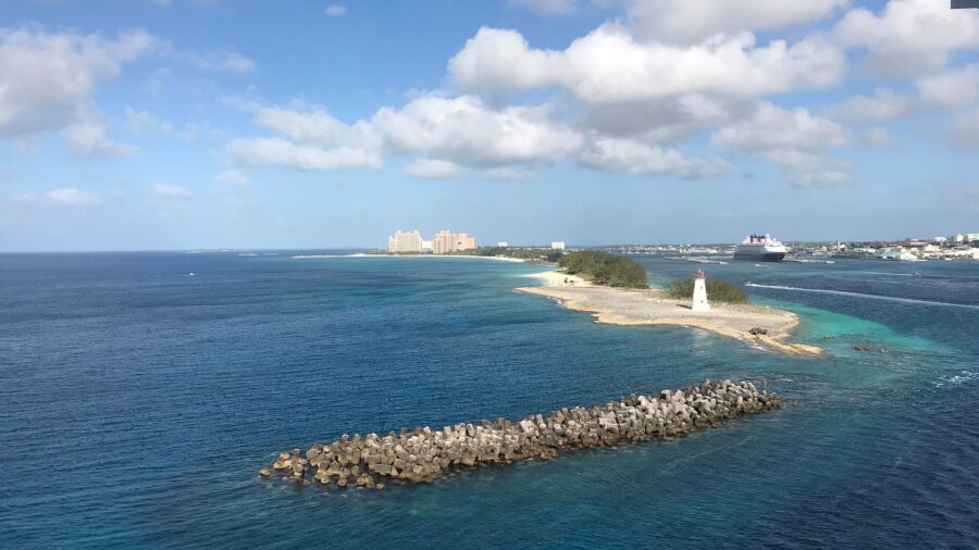 The strip of land called Paradise Island in Nassau, Bahamas, seen here from Royal Caribbean's Navig...