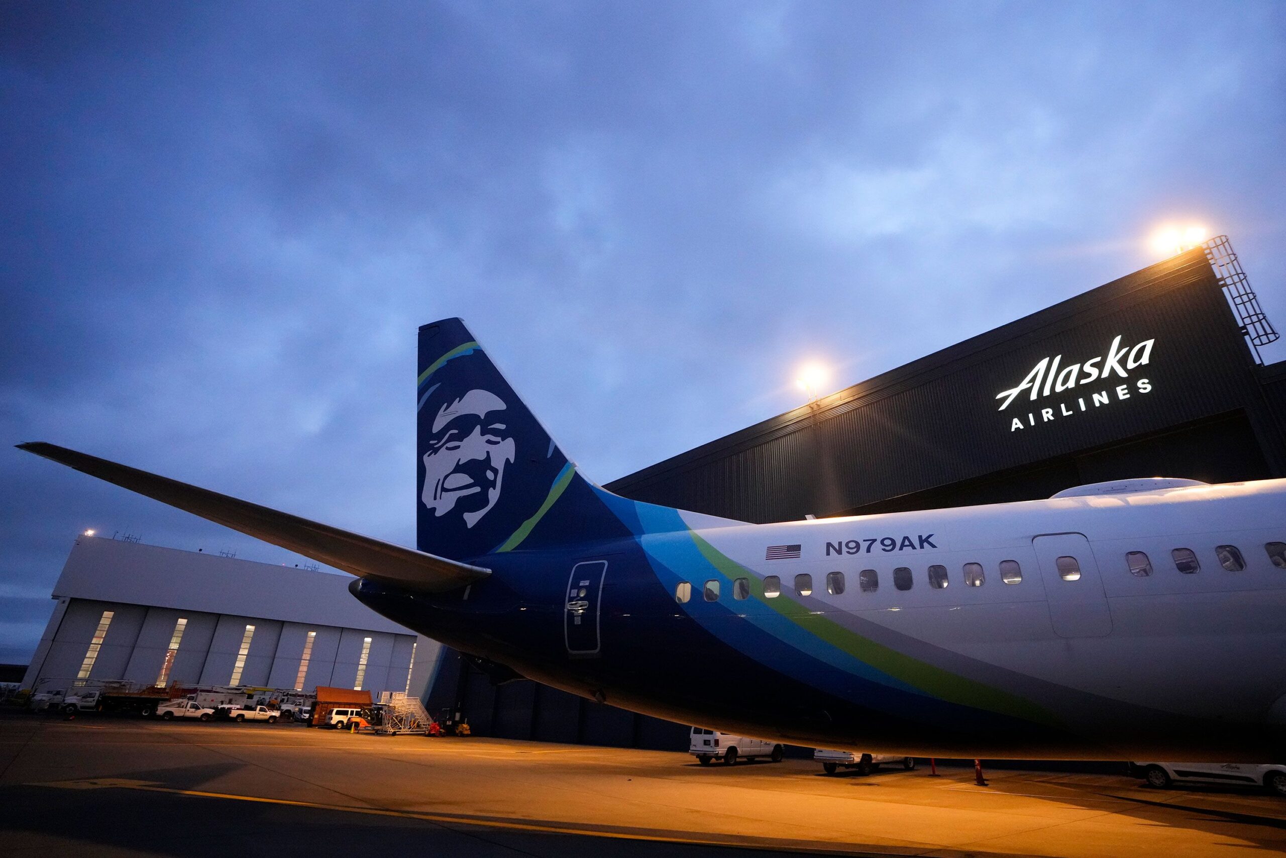 An Alaska Airlines Boeing 737 Max 9 with a door plug aircraft awaits inspection at the airline's ha...