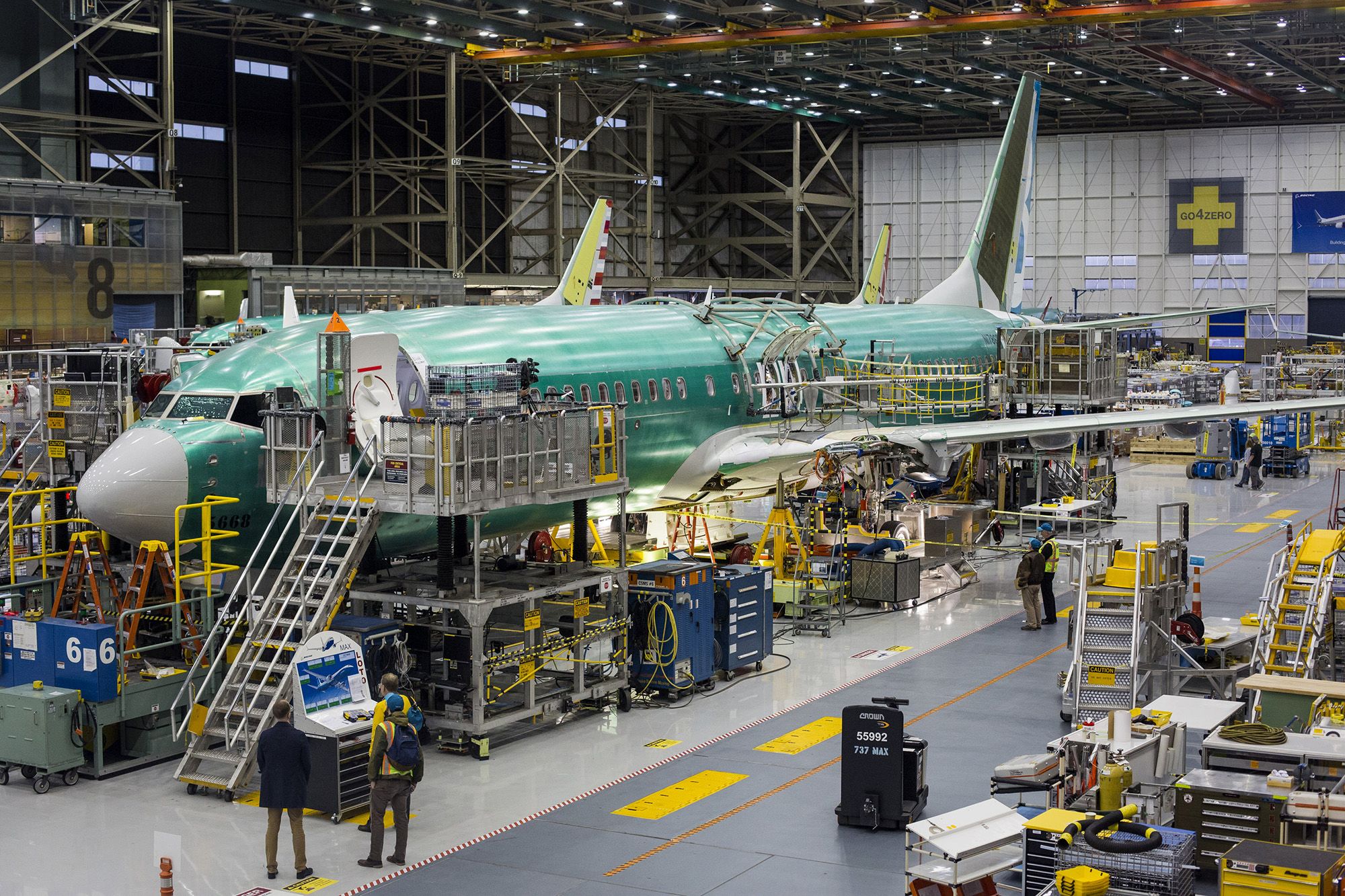 The Boeing 737 Max airplane on the production line at the company's manufacturing facility in Rento...