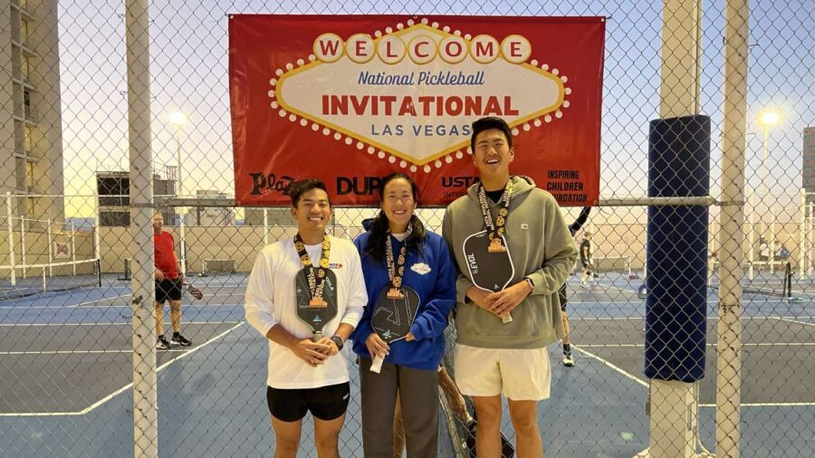 Matthew Liu, Swan Saunders and Calvin Bishara pose for a photo after competing in a national pickle...