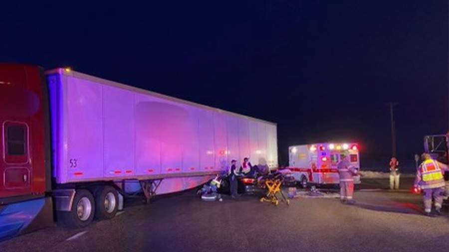 A 30-year-old man is in serious condition after colliding with a semitruck in a Toyota Camry and be...