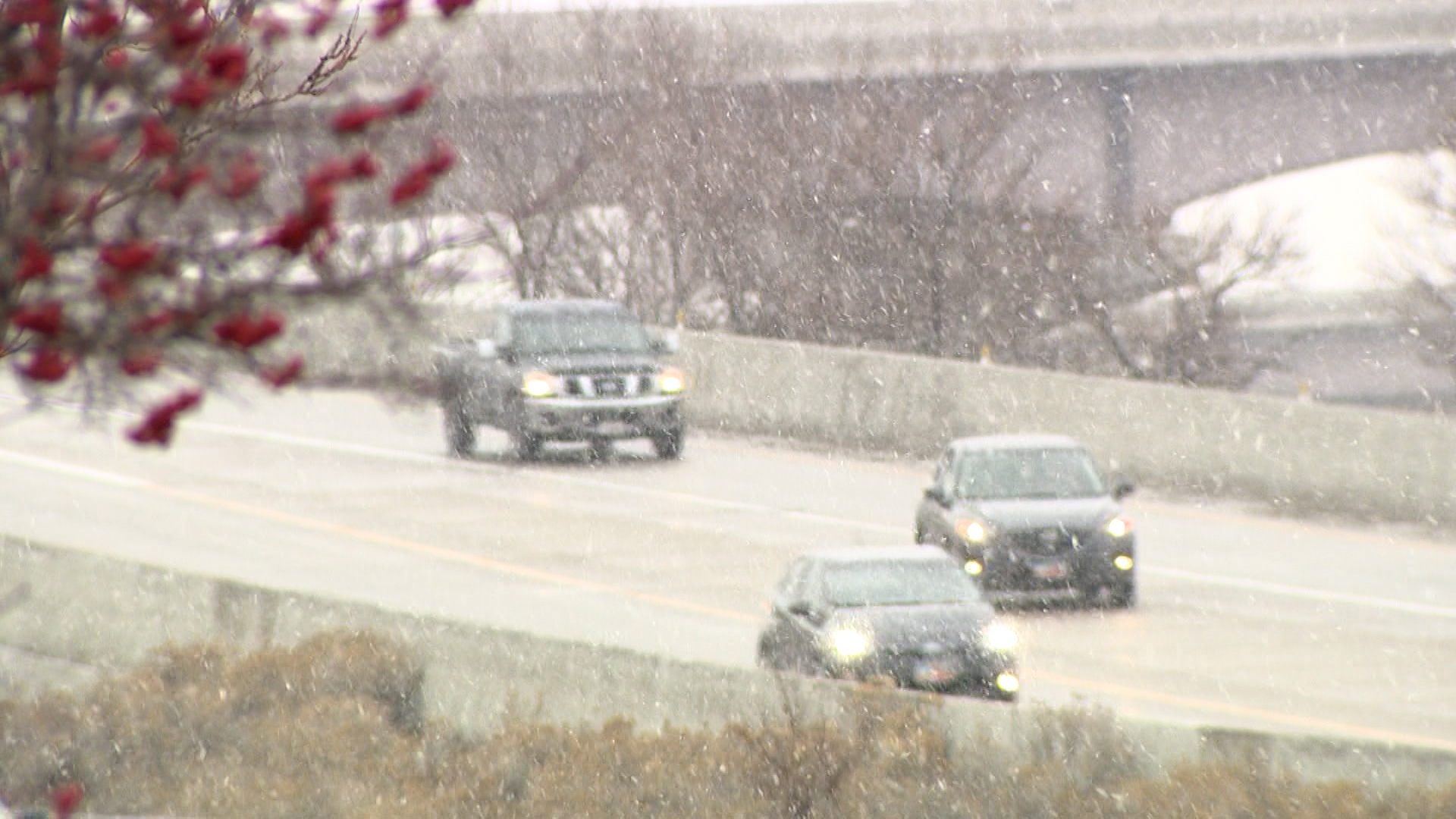 Cars travel as a snowstorm moves into the Wasatch Front on Jan. 5, 2024. (KSL TV)...