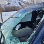 A slab of ice from the top of a vehicle was launched into oncoming traffic and another driver's windshield on Monday. This happened as a trailer traveled on state Route 32 in Summit County.  (UHP)