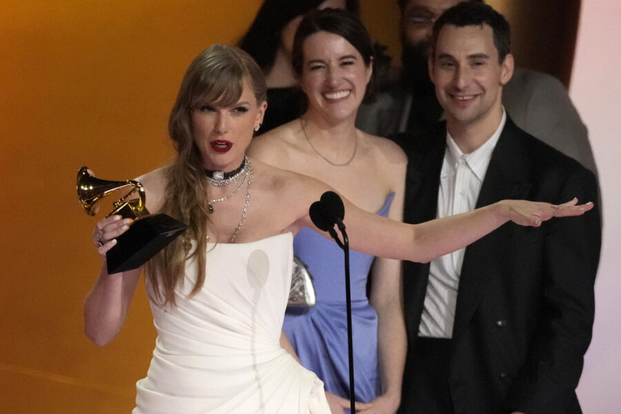 Taylor Swift accepts the award for album of the year for "MIdnights" during the 66th annual Grammy ...