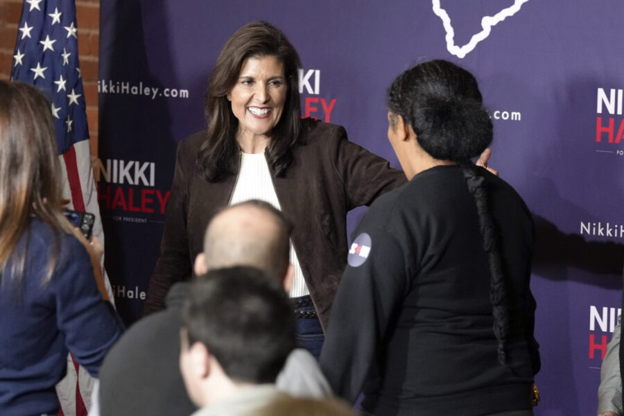 Republican presidential candidate former UN Ambassador Nikki Haley meets with supporters after a ca...