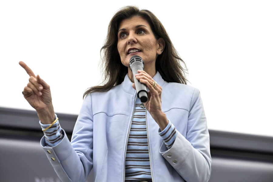 Republican presidential candidate former UN Ambassador Nikki Haley speaks at a campaign event in Gr...