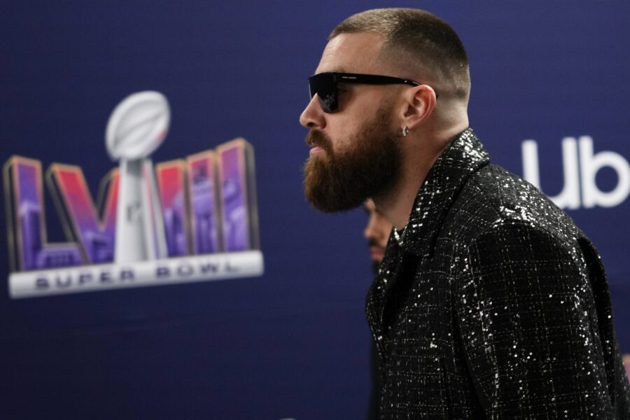 Kansas City Chiefs tight end Travis Kelce arrives before the NFL Super Bowl 58 football game agains...