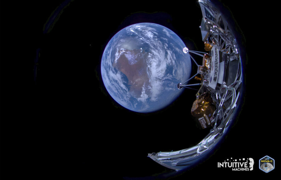 This image provided by Intuitive Machines shows its Odysseus lunar lander with the Earth in the bac...