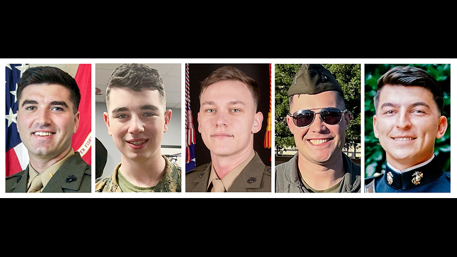 This combo of images provided by the Marine Corps shows, from left, Capt. Jack Casey, 26, of Dover,...