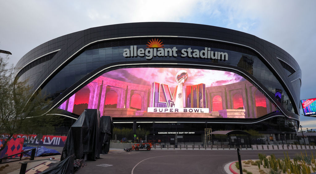 A video board displays a logo for Super Bowl LVIII at Allegiant Stadium on February 01, 2024 in Las...