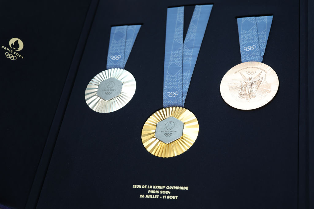 Olympic medals are displayed during the unveiling of the Paris 2024 Olympic and Paralympic Games Me...