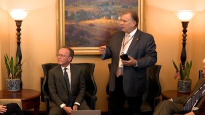 Senate President Stuart Adams, R-Layton, and Sen. Curt Bramble, R-Provo, react to a reporter’s question about government transparency.