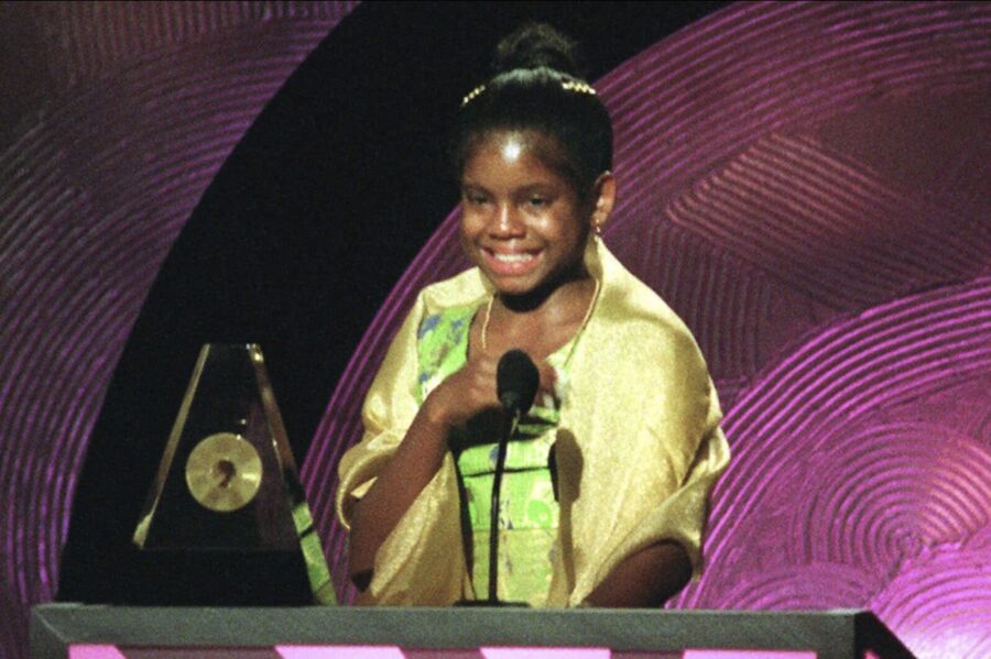 FILE - Hydeia L. Broadbent, 14, speaks after receiving an Essence Award during the taping of the 19...