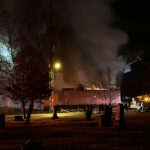 A vacant building in Murray at 5368 Vine Street, went up in flames Wednesday, Feb. 7, 2024. No injuries reported. (Alexander Campbell, KSL TV)