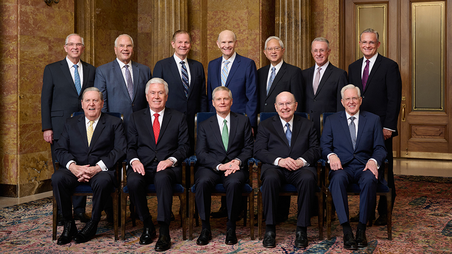 The Quorum of the Twelve Apostles on February 6, 2024. Front row, left to right: President Jeffrey ...
