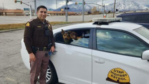 UHP trooper Quintana with the three dogs inside his car