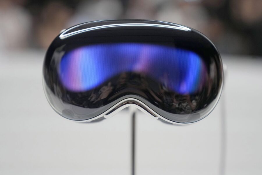 The Apple Vision Pro headset is displayed in a showroom on the Apple campus after it's unveiling on...
