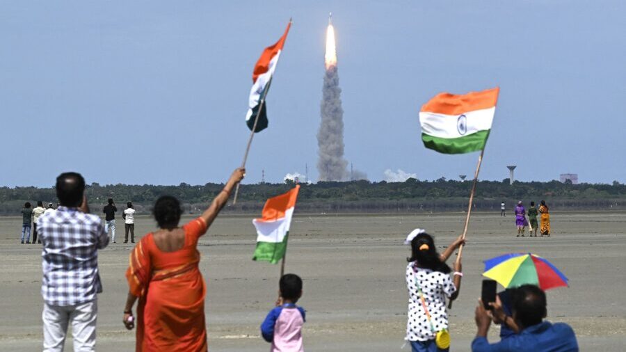 An Indian Space Research Organisation rocket carrying the Chandrayaan-3 moon lander lifts off from ...