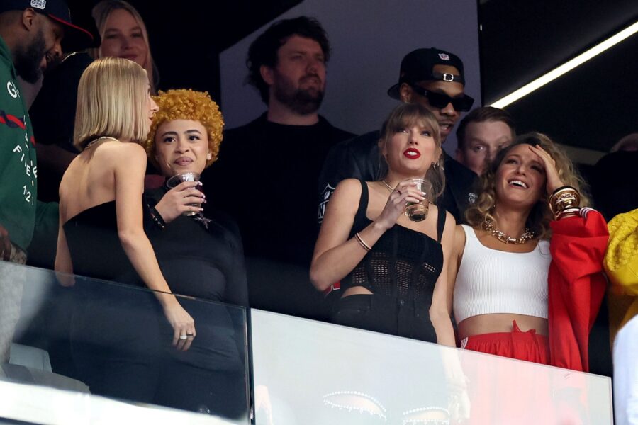 (From left) Ice Spice, Taylor Swift and Blake Lively at the 2024 Super Bowl at Allegiant Stadium in...