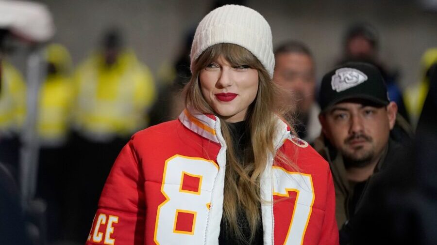 Taylor Swift is pictured at the Chiefs-Dolphins playoff game in Kansas City in January. (Ed Zurga, ...