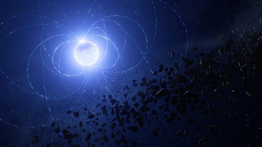 An artist's impression depicts a dead white dwarf star and its magnetic field, which is usually inv...