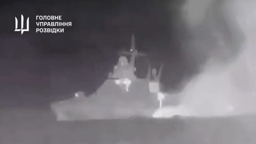 Ukrainian defense intelligence videograb shows the Russian patrol ship that was hit in the Black Se...