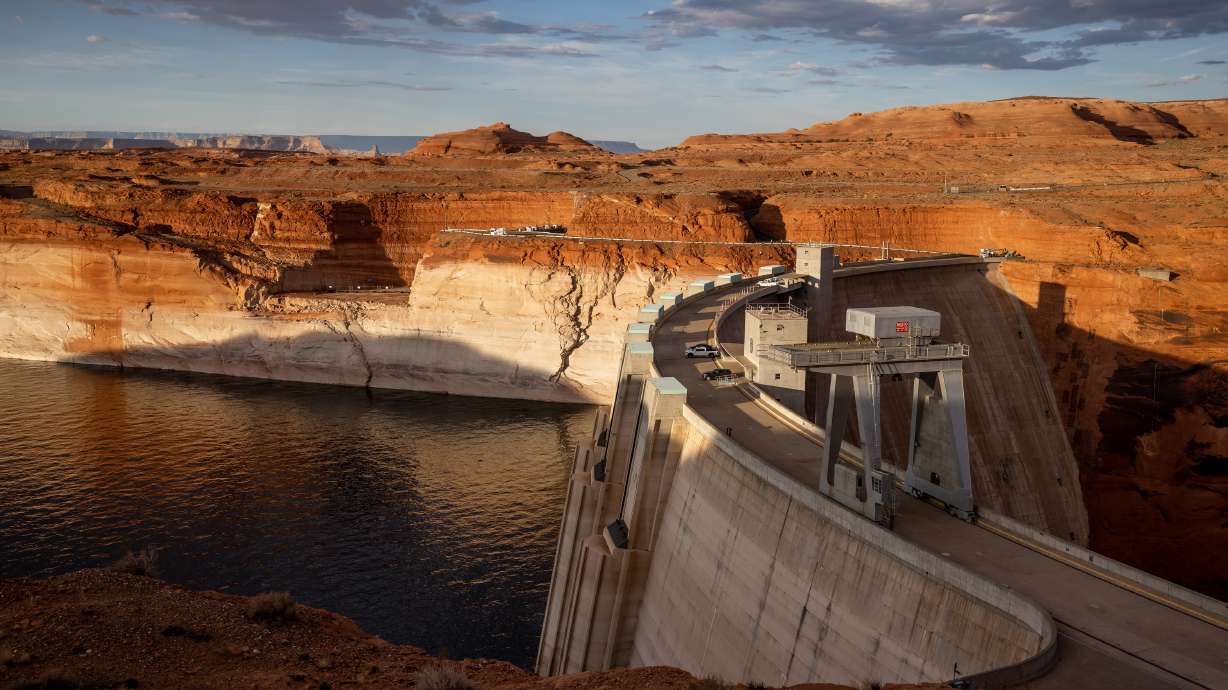 The Glen Canyon Dam holds back the waters of Lake Powell in Page, Arizona, on July 18, 2022. Lake P...