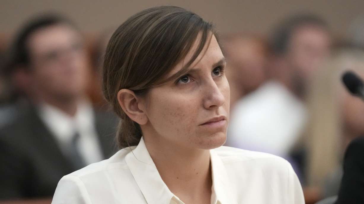 Kouri Richins, charged with killing her husband, looks on during a bail hearing on June 12, 2023, i...