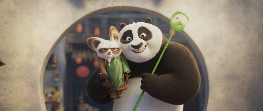 This image released by Universal Pictures shows characters Shifu, voiced by Dustin Hoffman, left, a...