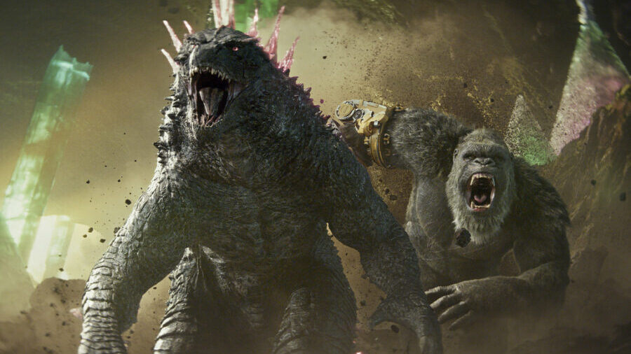 This image released by Warner Bros. Pictures shows Godzilla, left, and Kong in a scene from "Godzil...