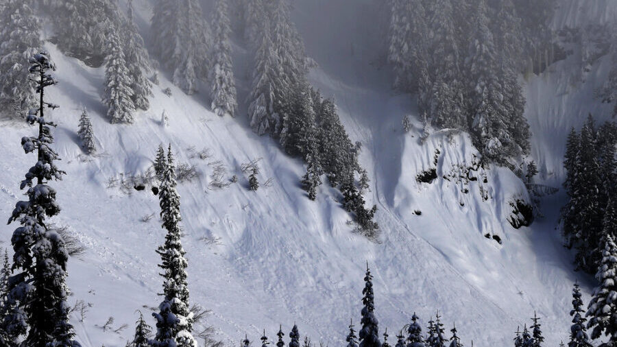 In this Jan. 4, 2013 photo, evidence of sliding snow is seen in steep terrain near a ski area at Sn...