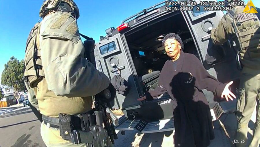 This image taken from Denver Police body camera footage provided by the American Civil Liberties Un...