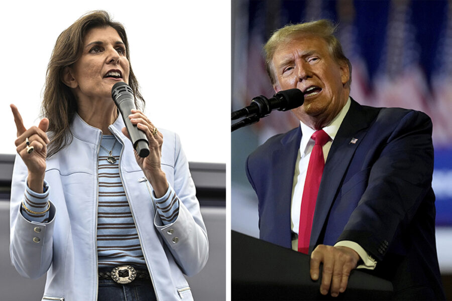 This combo photo shows Republican presidential candidate former UN Ambassador Nikki Haley, left, in...