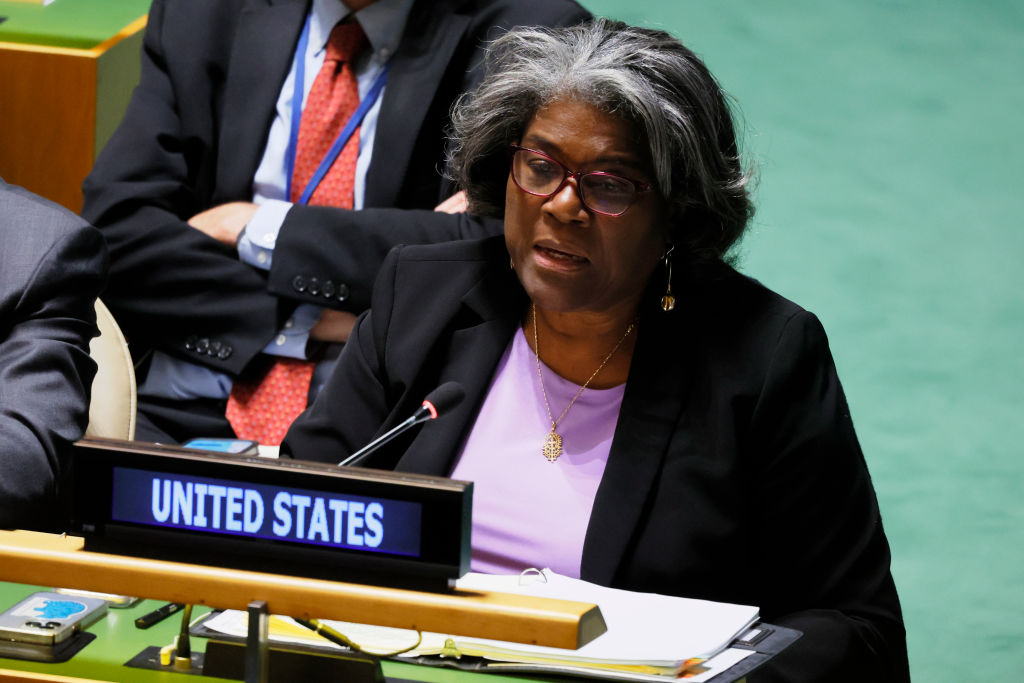 FILE: U.S. Representative to the United Nations Ambassador Linda Thomas-Greenfield speaks during th...