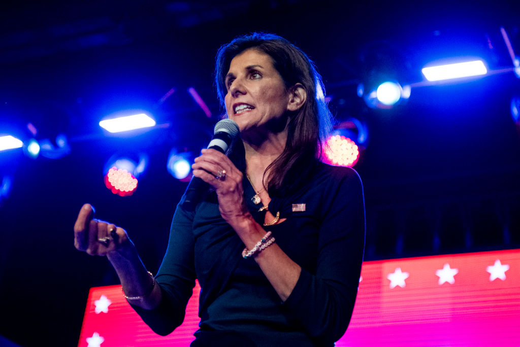 Republican presidential candidate, former U.N. Ambassador Nikki Haley speaks at a campaign rally on...