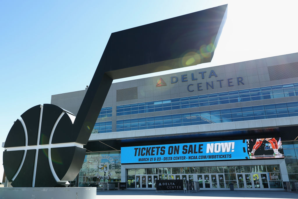 General view outside of the Delta Center ahead of the NCAA Men's Basketball Tournament on March 19,...
