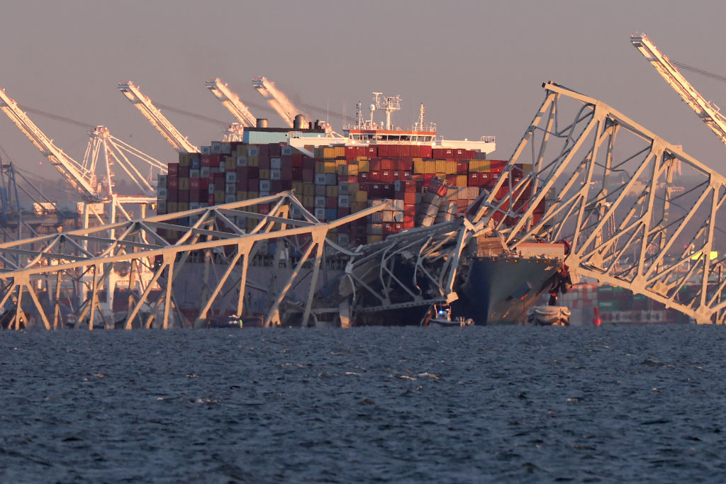 A cargo ship is shown after running into and collapsing the Francis Scott Key Bridge on March 26, 2...