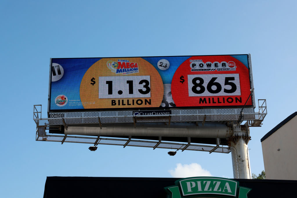 A billboard shows the jackpot amount for the Mega Million lottery on March 26, 2024 in Miami, Flori...